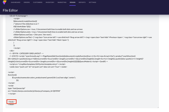 The location of the closing body tag is usually towards the bottom of the code in the template file.