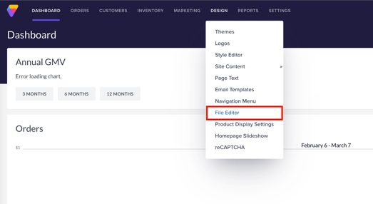 The location of the File Editor option in your Volusion admin dashboard. File Editor is an option listed under the Design tab in the main navigation menu at the top of the dashboard..