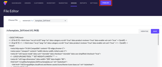 The publish button is located to the far right of the topmost navigation menu and appears when changes are made to the content or design of the site.