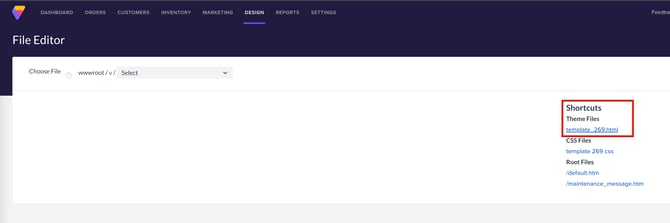 The shortcut link to your template found in Design, File Editor