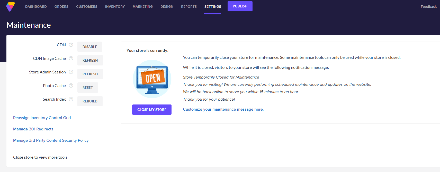 View of the Maintenance page