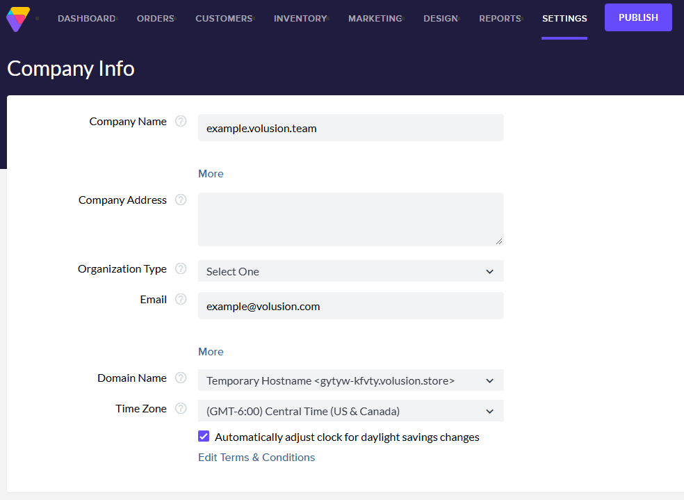Settings Company view of the temporary host name.