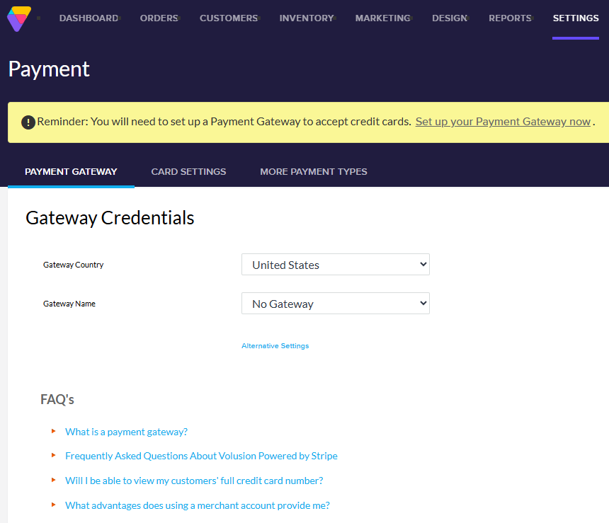 View of the Settings>Payments page