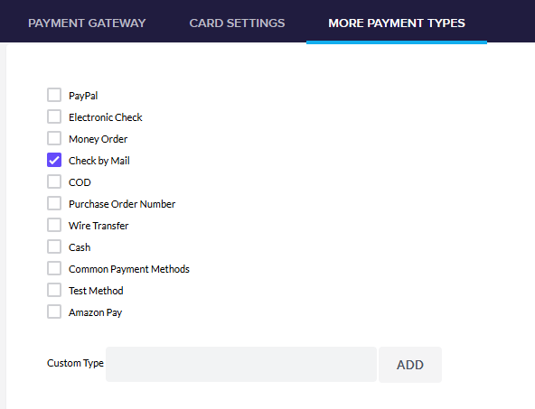 View of the More Payment Types tab View of the More Payment Types tab