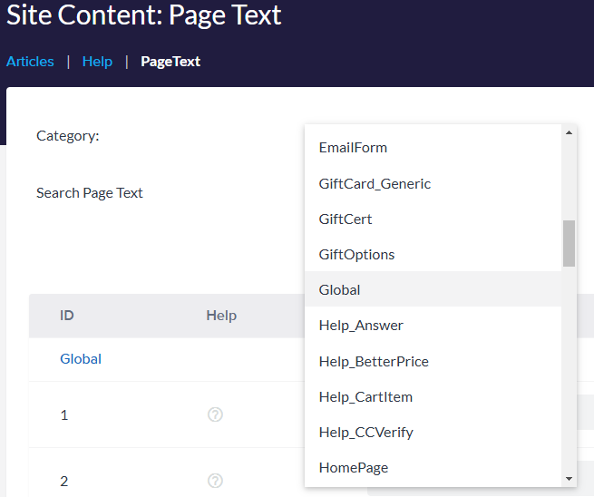 Selecting the Global category within Page Text Selecting the Global category within Page Text