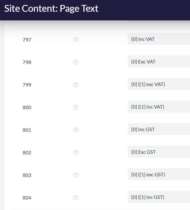 Page Text IDs relating to VAT and GST display Page Text IDs relating to VAT and GST display