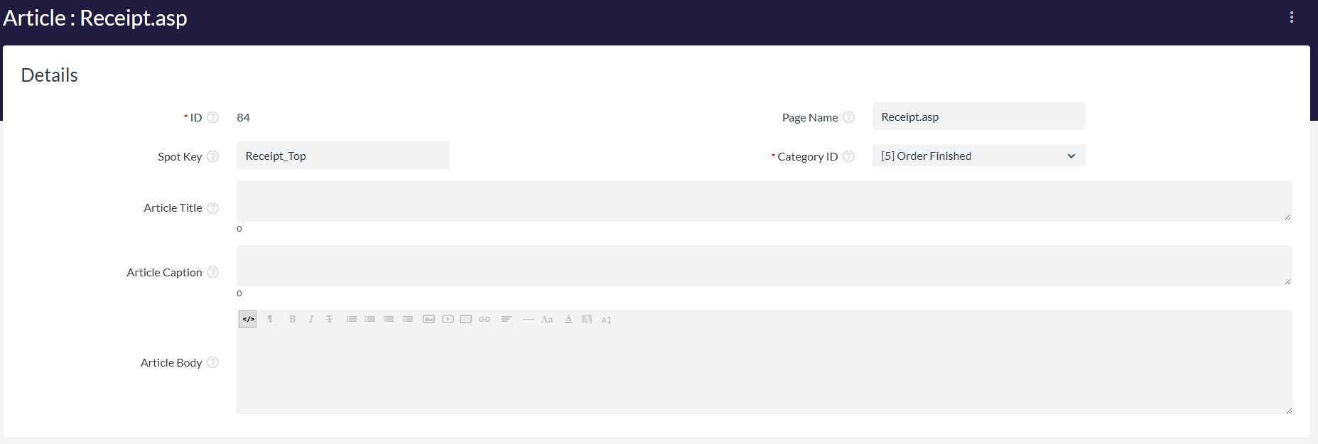 Opening the HTML editor for an article
