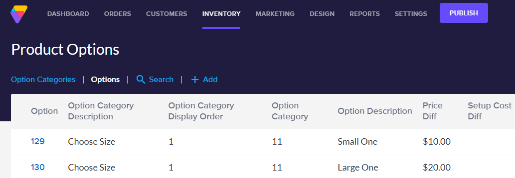 View of the Options page