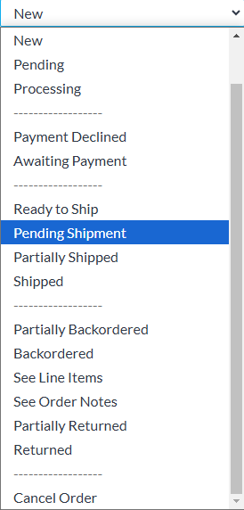 Drop Down menu showing order status selections Drop Down menu showing order status selections