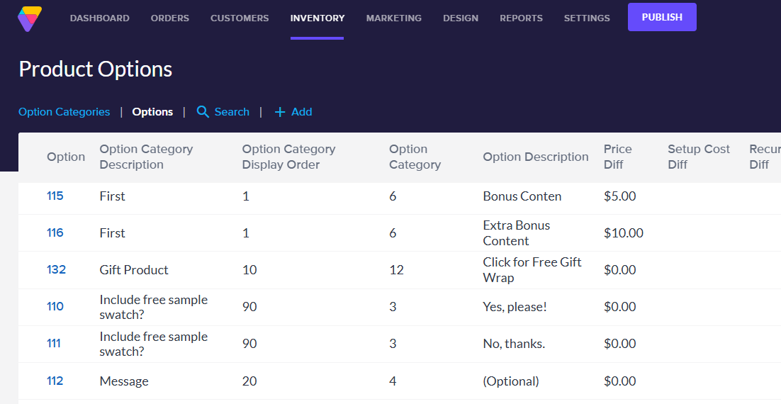 View of Inventory>Options