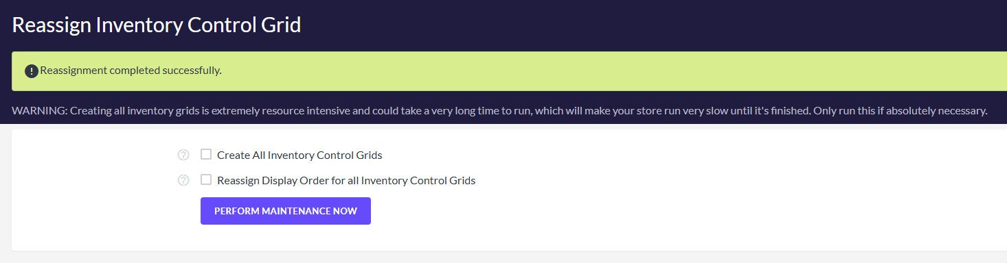 Successful message after maintenance was performed. 