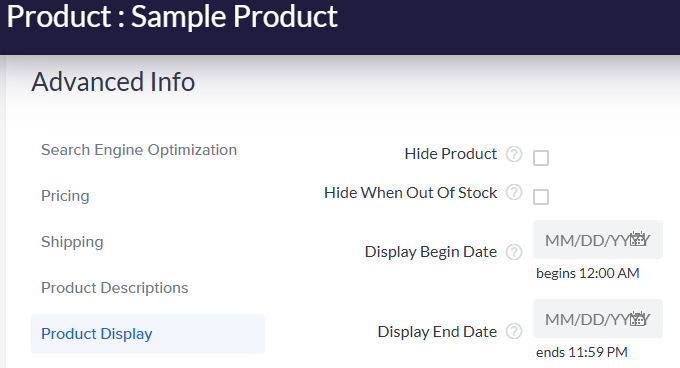 Detail view of the Display Date fields Detail view of the Display Date fields
