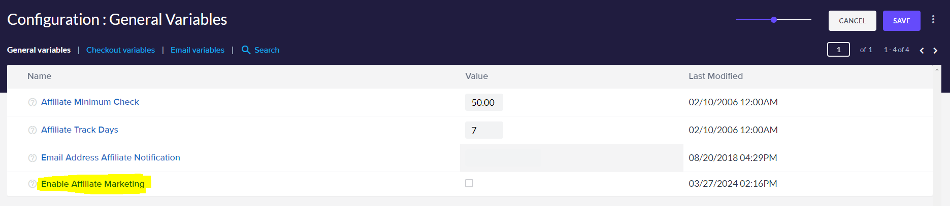Turn off Affiliate Config Variable