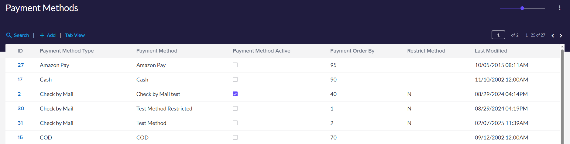 List view of Payment Methods