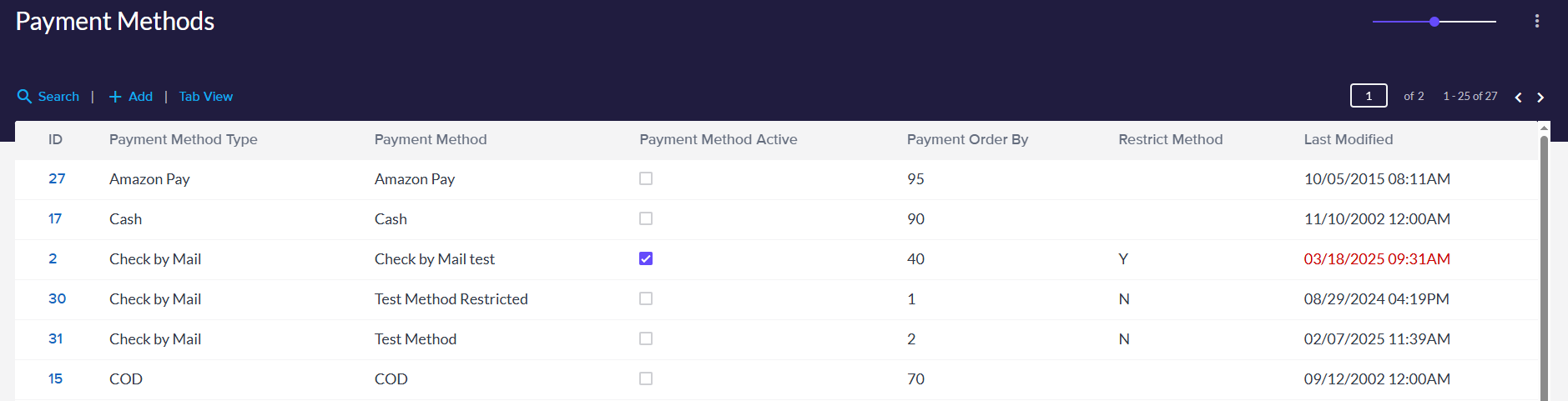 Editing payment methods in bulk using the list view