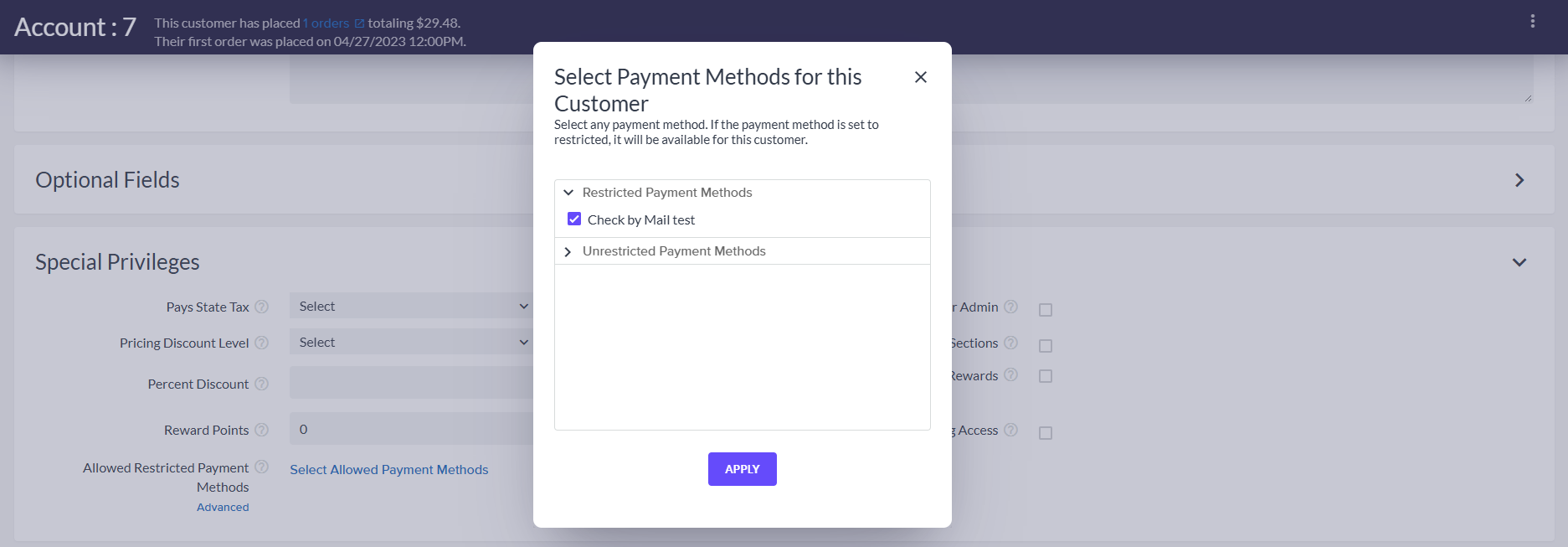 Applying allowed payment methods to a customer account