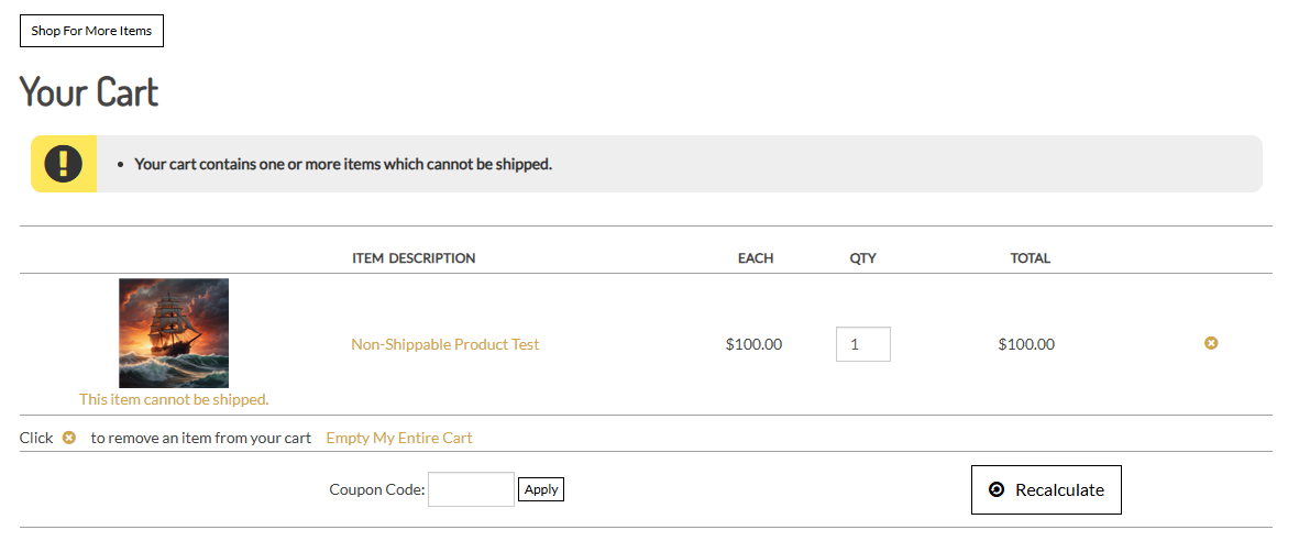 Shopping cart view of a non shippable item