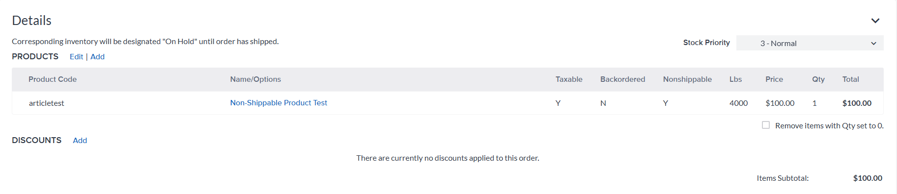 View of product details within an order
